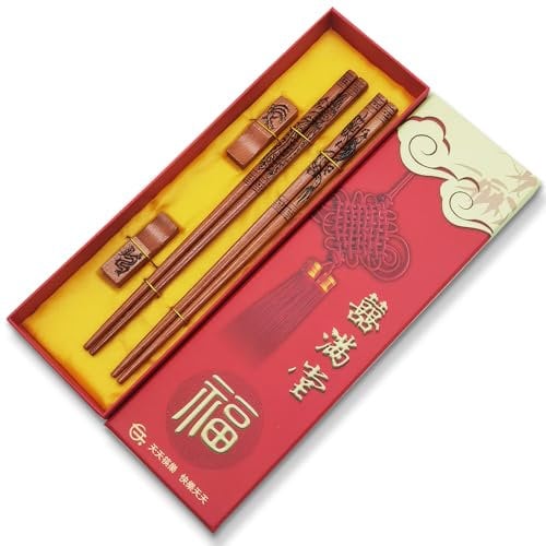UICCVOKK Chinese Chopsticks, Chopsticks Reusable, Dragon and Phoenix Chopstick Style, Dishwasher Safe, Chinese Style Natural Beech Wood Chopstick Gift Set