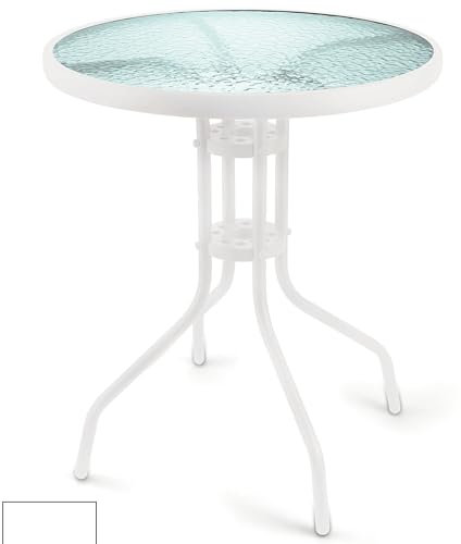 Mesa Redonda de Exterior de 60 cm de Acero al Carbono, Tapa de Cristal Templado Efecto Martillado, Blanco, Esté
