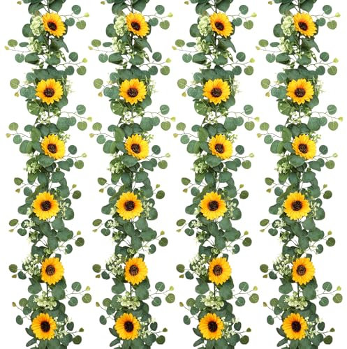 DEMIUKO 4 Stück Künstliche Sonnenblumen Girlande 2M Herbstgirlande Blumengirlande Eukalyptus Deko Kunstblumen Hängepflanzen Herbst Blumen Girlande für Hause Hochzeit Balkon Garten Party Außen Deko