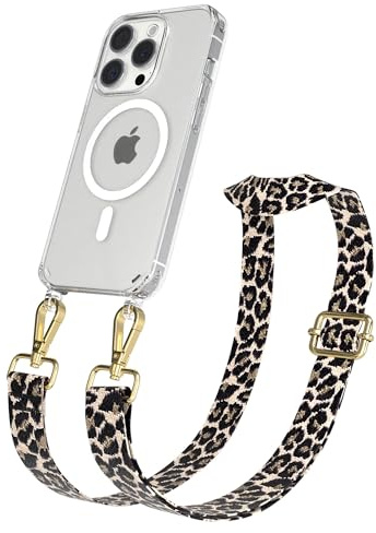 EAZY CASE Handykette - Verstellbares Taschenband kompatibel mit iPhone 15 Pro, Schulterriemen, Handykordel mit Silikon Hülle, Qi Charging kompatibel, Umhängetasche, Leo - Schwarz Beige Gold