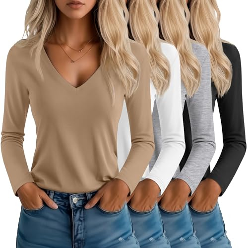 Neer 4 Pack Women's T-Shirts V Neck Long Sleeve Casual Tops Loose Fit Fall Basic Layering Shirts Straight Hem Plain Soft Tees(Black, White, Light Gray, Khaki,Small)