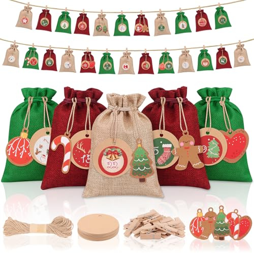 24 Stück Adventskalender zum Befüllen 18 X 13 cm Selbstgemachter Adventskalender Säckchen Groß Adventssäckchen zum Befüllen Geeignet für Die Advent DIY Weihnachtskalender Säckchen
