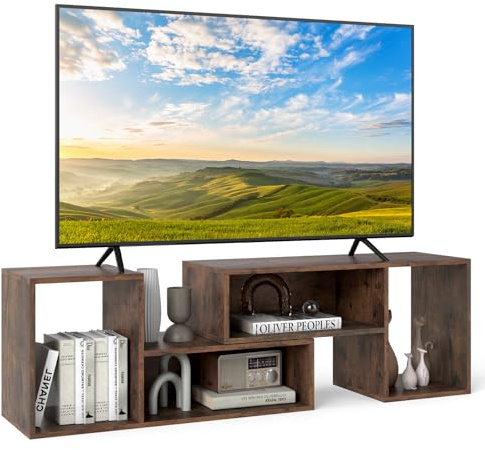 GYMAX TV-Schrank, TV Lowboard für Fernseher von 32-60 Zoll, Fernsehtisch mit 4 Fächer, Erweiterung & freier Rotation, TV-Regal für Wohnzimmer & Schlafzimmer (Braun)