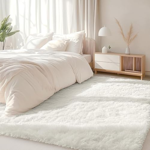 Shaggy Rugs Living Room 90 x 180 cm Modern Super Soft Fluffy Shaggy Runner Rug Thick Pile Non Shedding Washable Rug Antiskid Carpets for The Bedrooms and Kitchen, White