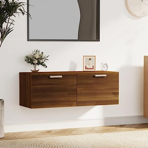 Owoxanthellate Wandschrank Braun Eiche 100x36,5x35 cm mit 2 Schubladen, platzsparender Holz-Hängeschrank für Büro Flur Wohnzimmer, robust bis 60 kg, Modernes Design