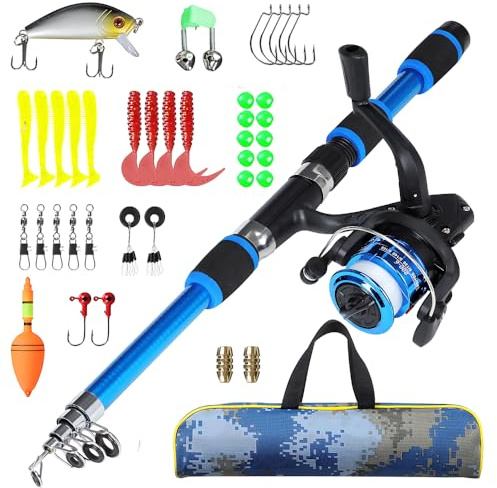 NAVESO Angelset für Kinder,1.8m Teleskop Angelrute Set Kinder mit Angelrolle,Kinderangel Starter Set mit Angelrolle Köder und Angel Zubehör Set,Kohlefaser Angelruten und Rolle für Jungen und Mädchen