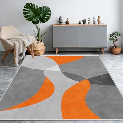 Moderner Wohnzimmer teppich mit Geometrischem Muster - Grau-Orange Design Kurzflor Teppich mit Abriebfester Oberfläche Teppiche Maschinenwaschbar für Wohnzimmer Esszimmer küche Schlafzimmer(120x170cm)
