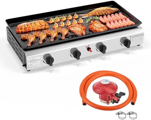 ROVSUN 4 Burner Poartable Gas BBQ, 4000BTU Outdoor Barbecue Grill, Tabletop Stainless Steel BBQ with Non-Stick Griddle for Camping, Patio Party