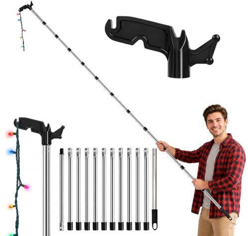 Aufhängestange für Weihnachtsbeleuchtung 38-440 cm Teleskopstange mit Haken | Edelstahl Verlängerungsstange zum Aufhängen von Lichterketten, für Weihnachtsdeko, Reinigung und Streichen