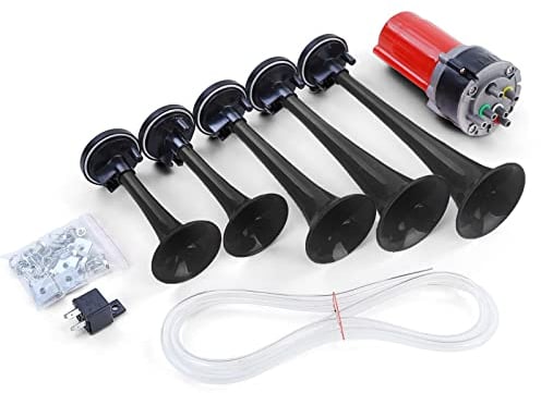 5 x Auto-Hupe, 125 dB, schwarz, Trompete, musikalische Dixie-Autohupe „Duke kommt selten allein“ + Kompressor, 12 V, Lufthorn