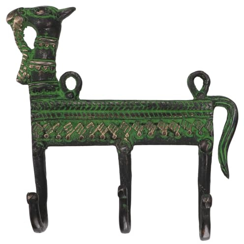 GURU SHOP Filigran Verzierter 3`er Messing Wandhaken, Wandgarderobe, Schlüsselhalter mit Gravur - Kamel/Antikgrün, 13x13x3 cm