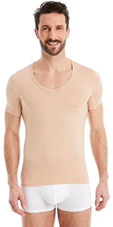 FINN Herren Funktions-Unterhemd mit V-Ausschnitt - Anti-Schweiß Shirt mit Einsätzen gegen Schweißflecken - Kurzarm Unterziehshirt Männer aus original Lenzing® Modal Stoff Hautfarbe Nude M