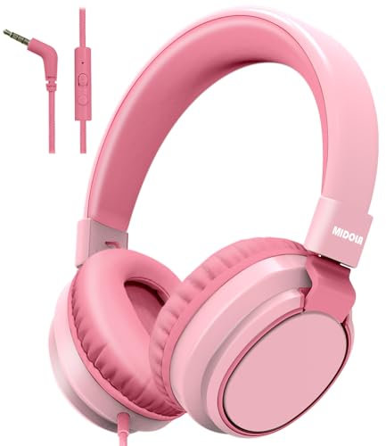 MIDOLA Kinderkopfhörer, kabelgebunden, Lautstärkebegrenzung 85/96 dB, Over-Ear/On-Ear, faltbares Headset mit Inline-Kabel, AUX-3,5-mm-Kabelmikrofon für Kinder, Jungen und Mädchen, Rosa
