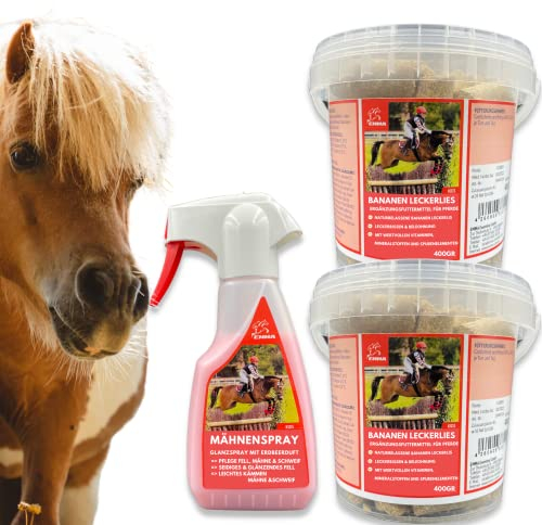 EMMA Mähnenspray für Pferde + Pferde Leckerlies - Leckerli Pferd Banane - Fell und Mähnenspray Pferd - Schweifspray für Pferde - Pferdepflege Set 3teilig - Glanzspray für schönes Fell & Mähne Schweif