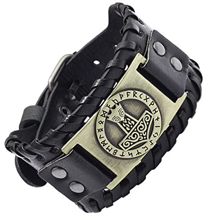 TQWSVUM Nordic Viking Thors Hammer Lederarmband,Herren Damen Leder Geflochtenes Verstellbares Breites Armband,Odin Mjolnir Armreif Pagan Amulett Schmuck(Bronze)