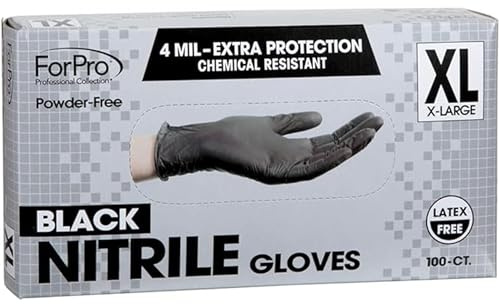 ForPro Disposable Nitrile Gloves, Chemical Resistant, Powder-Free, Latex-Free, Non-Sterile, Food Safe, 4 Mil, Black, X-Large, 100-Count