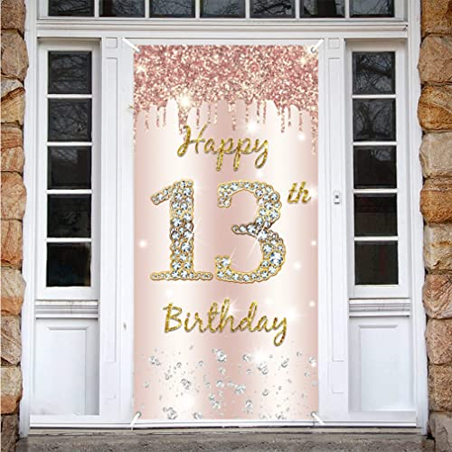 13. Geburtstag Mädchen Deko, Happy 13 Birthday Door Banner Roségold, 13. Geburtstag Stoff Schild Plakat Hintergrund Banner, Geburtstagsfeier Willkommensschild