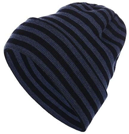 modAS Unisex Strickmütze Mütze gestreift Geringelt - Damen Herren Ringelmütze aus Reiner Schurwolle Merino in Navy/Jeans