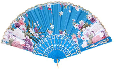 Tiuimk Éventail chinois japonais en plastique avec fleurs - Pliable - Pour femme - Pour mariage, fête, décoration de la maison - Bleu clair