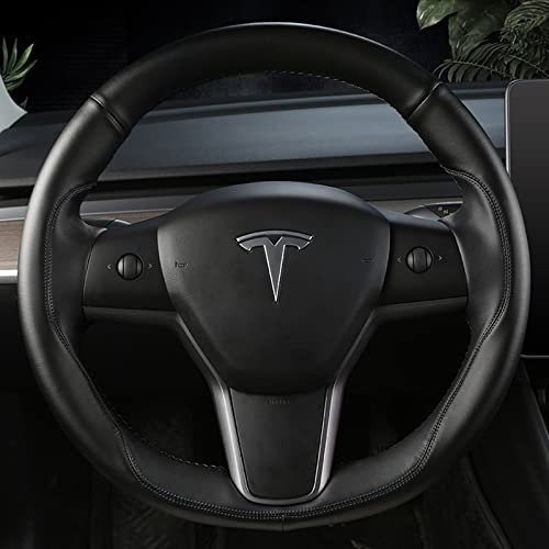 TIMWIND Tesla Housse de Volant en Cuir Microfibre Cousu à la Main pour Tesla Model 3/Model Y (Noir - Noir)