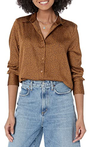 Amazon Essentials Women's Regular-Fit Satin Button Down Blouse (Available in Plus Size), Dark Chestnut Brown Leopard, XL