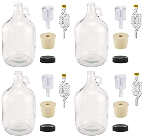 North Mountain Supply 1 Gallon Glass Fermenting Jug with Handle, 6.5 Rubber Stopper, 6-Bubble Airlock, 2-Piece Airlock & Black Plastic Lid - Set of 4
