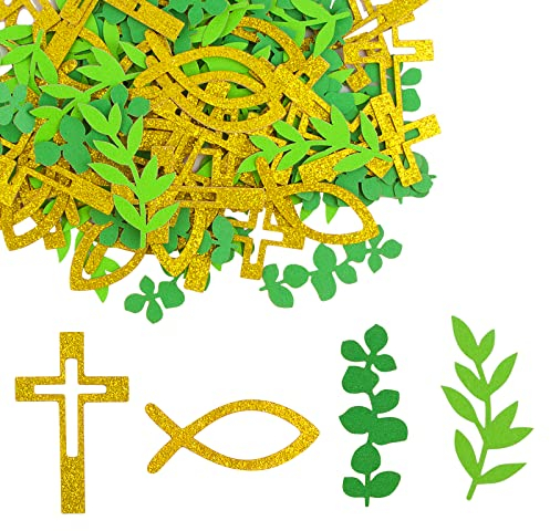 COLOFALLA 100 Stk Kommunion Tischdeko Taufe Konfirmation Deko Streudeko Konfetti Fische Kreuz Eukalyptus Gold Grün Glitzer Firmung Erstkommunion Deko für Junge Mädchen