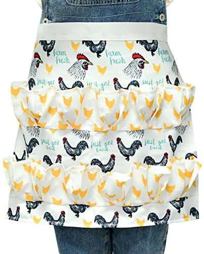 FESSOSKO Vorbinder Schürze, Eierschürze, 12 tiefe Taschen Eier-Sammelschürze, Hühner, Ente, Gänse, Eierhalter Schürze, Kochschürze Backschürze, für Hausfrau, Bauernhaus - Erwachsene (gelb)