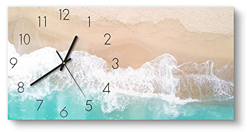 DEQORI Glasuhr | vertikal 60x30 cm | Motiv Wellen brechen am Strand | große XXL Design Uhr aus Glas | leise Wanduhr für Wohnzimmer & Küche | moderne Hingucker Uhr für die Wand