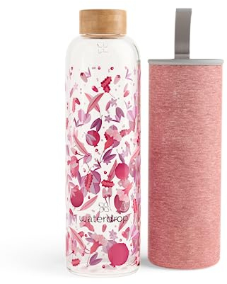 waterdrop® Edition Glass Bottle 1l Trinkflasche Glas auslaufsicher, Kohlensäure geeignet | BPA freie Wasserflasche inkl. Neoprenhülle | Spülmaschinenfeste, Leichte Borosilikat Glasflasche