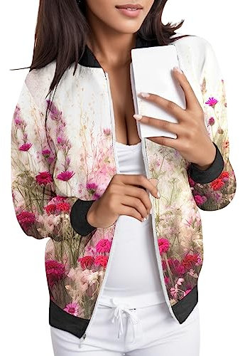 Weiße Jacke Damen Elegant Langarm Kurzjacke Bomber Jacket Leicht Wasserdicht Kurzjacke Baseball Jacke Bedruckt Pilotenjacke Frühlingsjacke Leichte Elegant Outdoorjacke College Jacke für Frauen