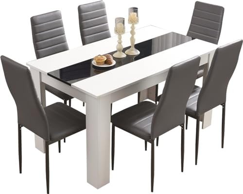 Blisswood Dining Table Set, Dining Table and Chair Set, Pu Leather Dining Room Chairs and 17mm Thick Table Top Long Modern Dining Table Set (White & Black Dining Table and 6 Grey Chair)