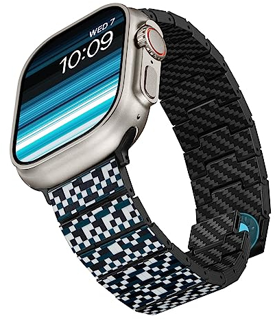 pitaka Carbon Armband für Apple Watch 10/Ultra 2/Ultra/9/8/7/6/SE/5/4/3/2/1 aus Kohlefaser und Aramidfaser Uhrenarmband Universal Ersatzarmband mit Magnetischem Verschluss 49-38 mm Mosaik