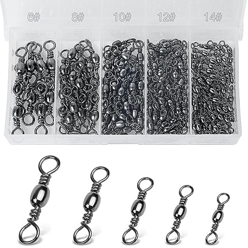 Realure 200 Pcs Rolling Fishing Swivels 5 Sizes Swivels for Carp Fishing Accessories Swivels 6# 8# 10# 12# 14# Barrel Fishing Connector Swivel for Sea Fishing, Fishing Line, Hooks Swivels