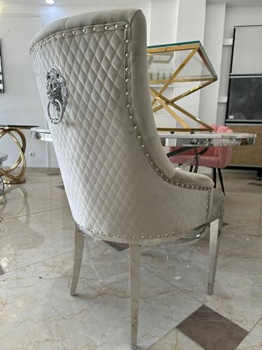 Chesterfield Stuhl Barock Samt Beige Silbr Edelstahl Esszimmerstühle Polsterstuh