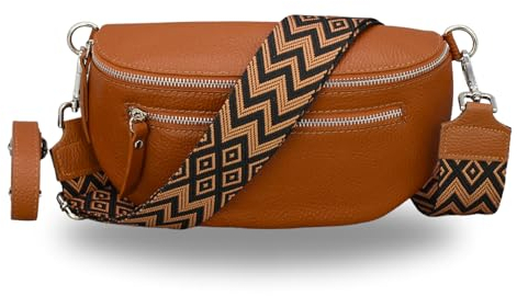 BRISE Bauchtasche Damen Echtes Leder Lucia Handgemachte Umhängetasche Crossbody Bag mit Ledergurt + Optionalen Breiten Gemusterten Riemen 3 Fächer Stylische Hüfttasche Made in Italy (Cognac Braun-2)