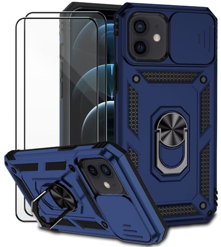 Dechyi für iPhone 12/12 Pro Hülle mit Panzerglas Schutzfolie Schutzhülle mit Kameraschieber Case 360° Drehbarer Militä Ständer Stoßfest Cover-blau