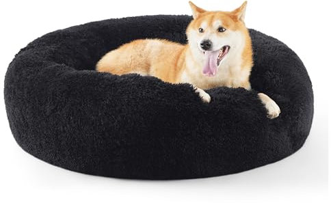 BEDSURE Katzenbett waschbar Flauschiges Hundebett - Ø 80 cm Katzenschlafplatz für Katzen und Hunde, plüsch Katzenkissen rund Kuschelbett, schwarz