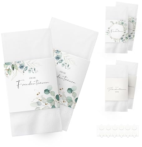 50x Freudentränen Taschentücher Banderole, Banderolen als Deko für Gäste-Taschentücher, Taschentücher Hochzeit Freudentränen, inkl. Klebepunkte zum verschließen (Taschentücher nicht enthalten)