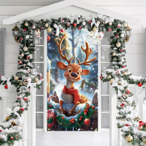 ZALAON Couverture de porte de Noël, 90 x 180 cm, couverture de porte d'entrée de Noël à suspendre pour intérieur et extérieur (élan )