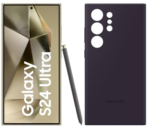 Samsung Galaxy S24 Ultra AI Smartphone, 12GB RAM/512GB Speicher, Titanium Yellow, 3 Jahre Herstellergarantie + Silicone Case Dark Violet