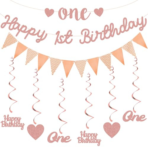 1st Birthday Party Decorations Girls - Rose Gold Happy Birthday Banner Bunting Set with Glitter Garland, Baby First Heart Hanging Swirls for One Birthday Party Supplies