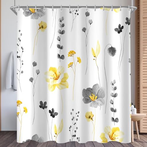 Lerores Rideau de douche 120 x 200 cm, motif fleurs jaunes et grises, ourlet lesté, anti-moisissure, imperméable, lavable, en polyester, avec 8 œillets et anneaux de rideau de douche, pour salle de