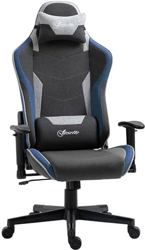 Vinsetto Sedia da Gaming Ergonomica con Braccioli, Poggiatesta e Altezza Regolabile, Poltrona Gaming Ufficio Reclinabile in Tessuto Effetto Lino con Funzione Dondolo, Supporto Lombare, Blu