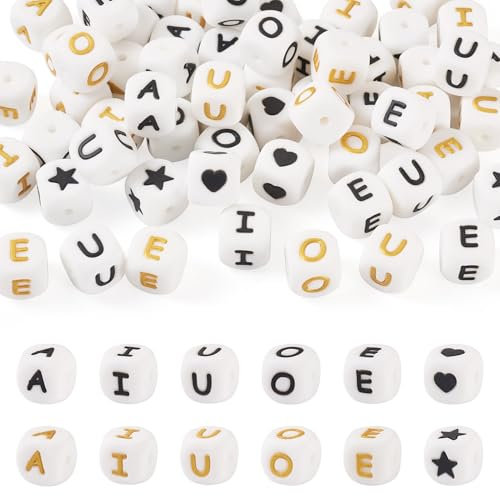 Spritewelry 60 perline cubiche in silicone con lettere A E I O U vocali, distanziatori a forma di cuore, stella, in silicone, per gioielli fai da te