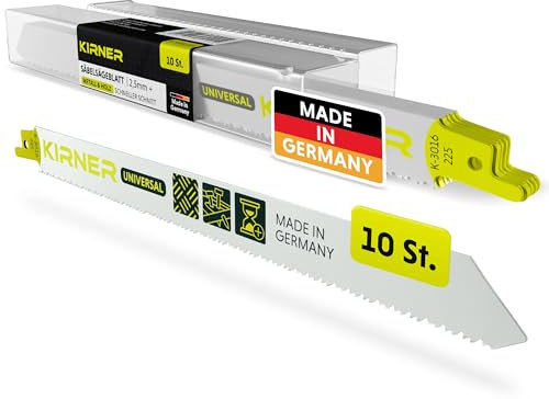 KIRNER Säbelsägeblätter Metall & Holz 225mm [ müheloser Schnitt in Holz & Metall ] 10er Pack Universal Säbelsägeblätter Metall - Reciprosägeblätter mit Universalaufnahme ab 2,5mm Schnitttiefe