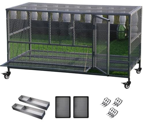 Hühnerkäfig Hühnerstall Freilaufgehege mit Kotwanne Verzinkt Räder und Futtertrog Verzinkter Stahl Kleintierkäfig für Hühner Hasen Geflügel(Size:150 * 60 * 73cm,Color:Grau)