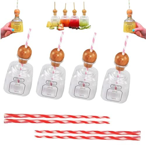 Reusable Cups With Straw, Bottles Empty For Drinks, Reusable Cups With Straw,Mini Empty Tequila Bottles for Drinks, Plastic Bottles for Champagne, Wine, Alcohol, Party Favors, Wedding 375ml(4pcs)