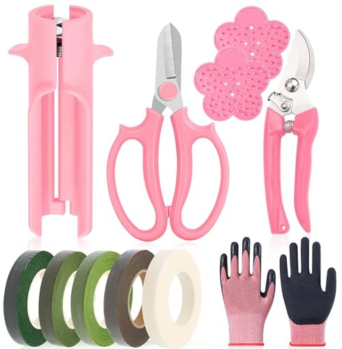 Lot de 11 outils de retrait d'épines de rose avec outil de retrait d'épines, ruban floral, ciseaux à fleurs, courbes, ciseaux de jardinage et gants de jardinage (rose)
