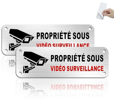 TAKULA Propriété sous Vidéo Surveillance, 15 * 5CM Videosurveillance Sticker Panneau Camera Surveillance, Panneau Alarme Aluminium, 2 Panneaux en Métal Brossé